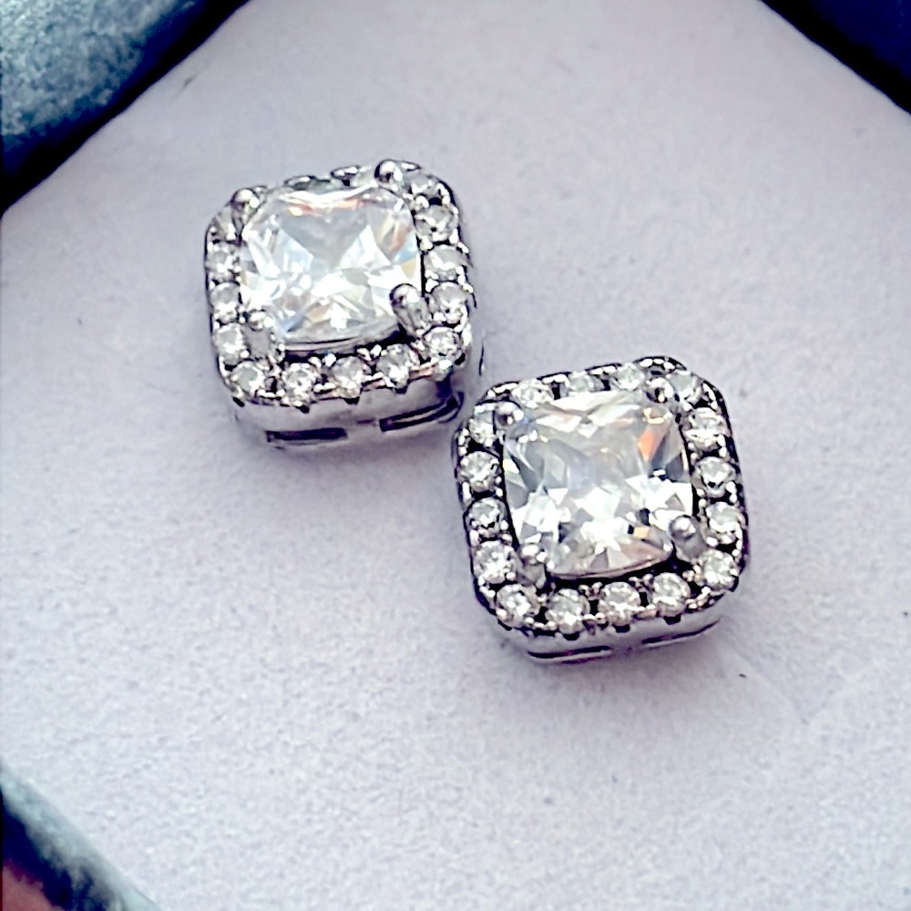 Solid Sterling Silver Clear Stone Earrings W/ Ste… - image 1